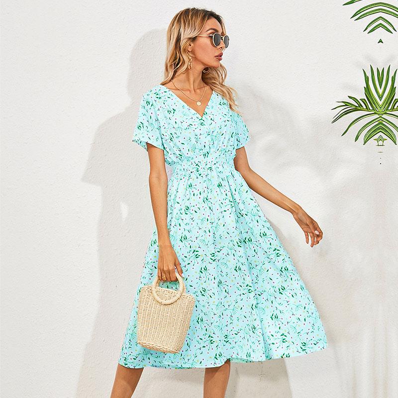 Elegant Printed Casual Beach Midi Dresses Women Summer V-neck Short Sleeve Empire Waist A-Line Dress Sundress Vestido Robes 9966