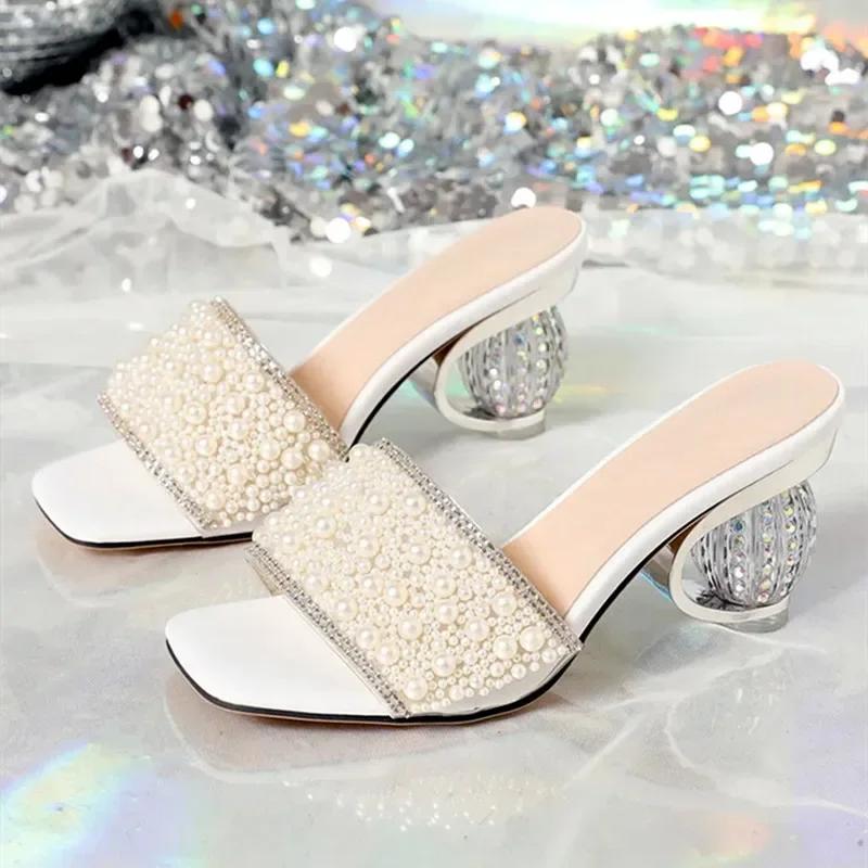 Fashion Women's Summer Slippers White Pearl Design Transparent Strange Thick Heels Gladiator Beach Sandals for Women Slides Girl Sandal