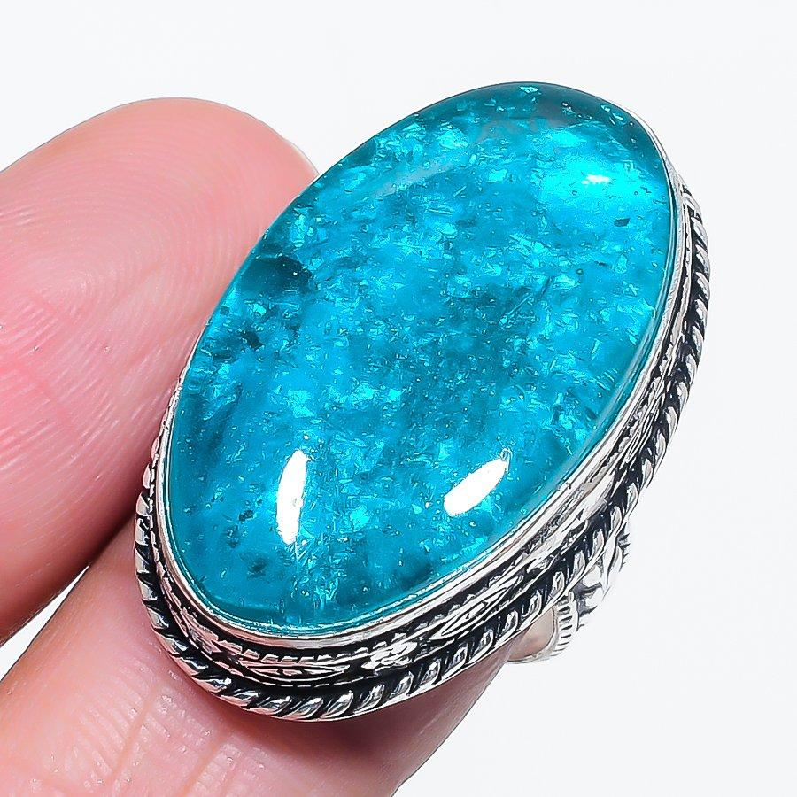 Natural Blue Amber Gemstone 925 Sterling Silver Jewelry Ring Size 8 Z1B35