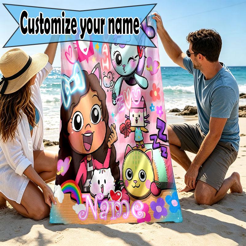 Custom Name Personalized Gabby's Dollhouse Print Beach Towel, for Trip Camping Beach Party Home Decor, Birthday Gift for Family & Friends