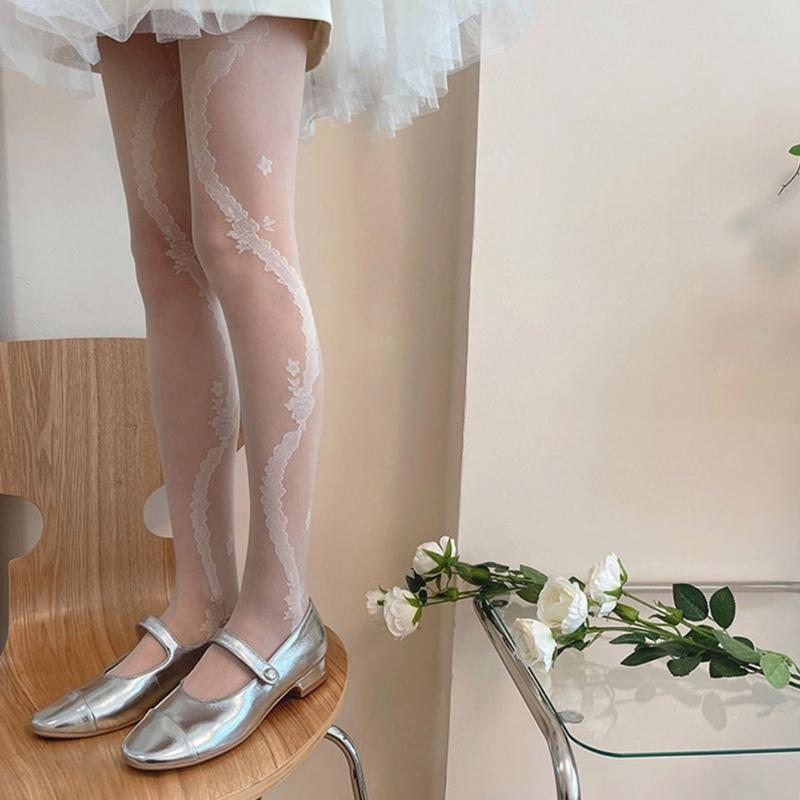 Sexy See Through Tight Pantyhose for Women-Lolita Floral Stockings High Elasticity Leggings Japanese Style Stockings Ins