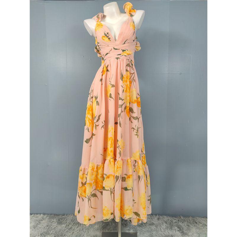 Export In Home Fairy Holiday Beautiful Ruffles Open Back V Neck Midriff Outfit Mesh Exquisite Print Tied Dress