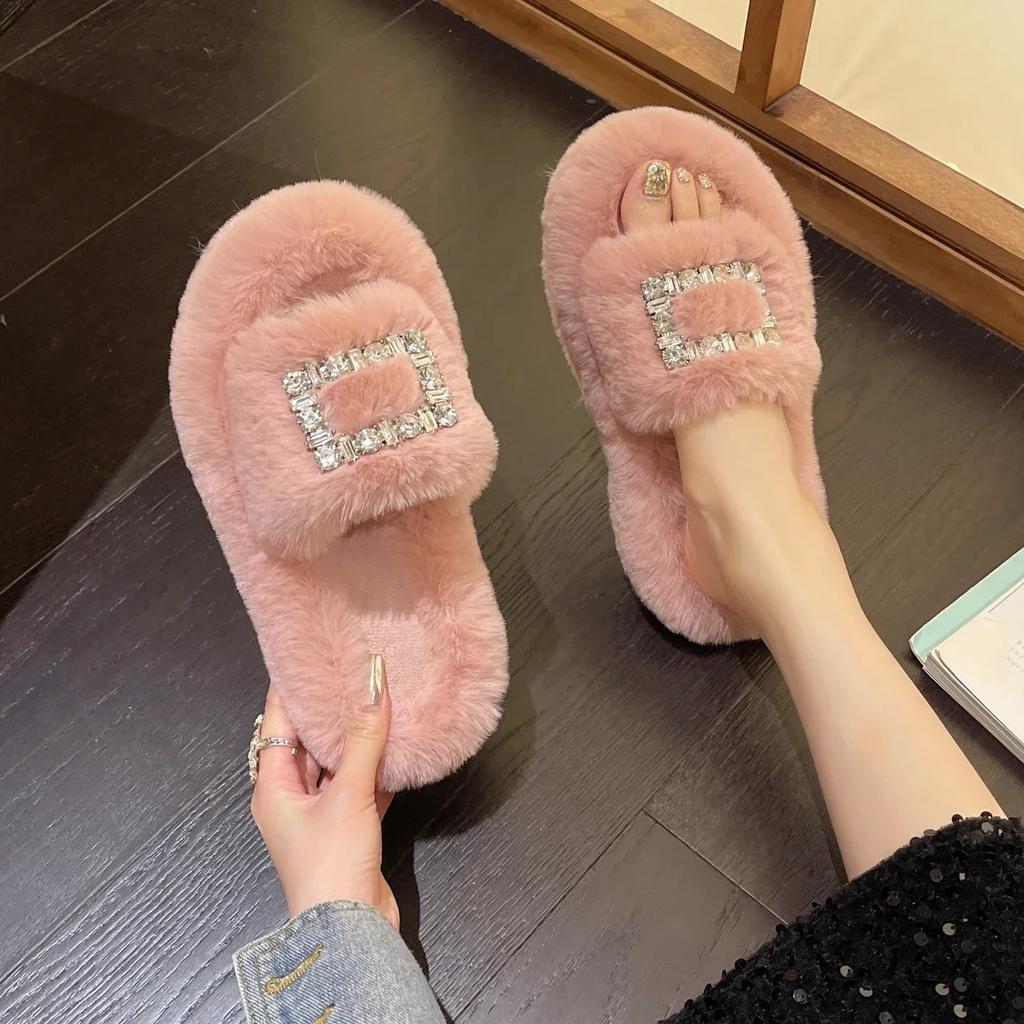 Fashion Women's 2025 Autumn/Winter New Water Diamond Square Buckle Fashionable and Warm Plush Slippers Zapatos De Mujer Plus Size 40