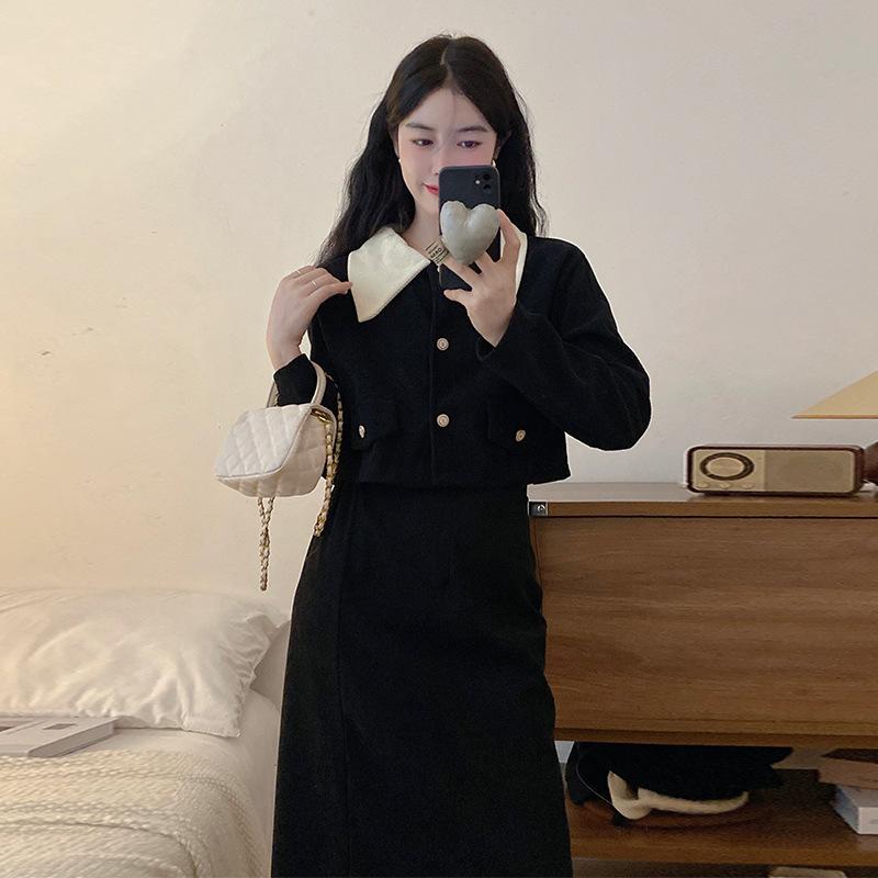 Real Shot of Autumn and Winter Corduroy Plus Velvet Large Size Small Fragrance Style Lapel Jacket High Waist Skirt Two-piece Set