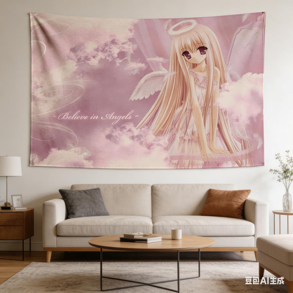 1pc Angelic Kawaii Angel Girl Tapestry 2D Polyester Flat Print Pink Cloud Wall Hanging Decor for Bedroom Living Room Gift