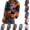 Damen Lässiges Mode-Oberteil mit Rundhalsausschnitt, Hawaiianischem Print und Langen Rippbündchen