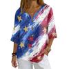 Women's Casual V-Neck Button Three-Quarter Sleeve Fourth of Print Pullover T-Shirt