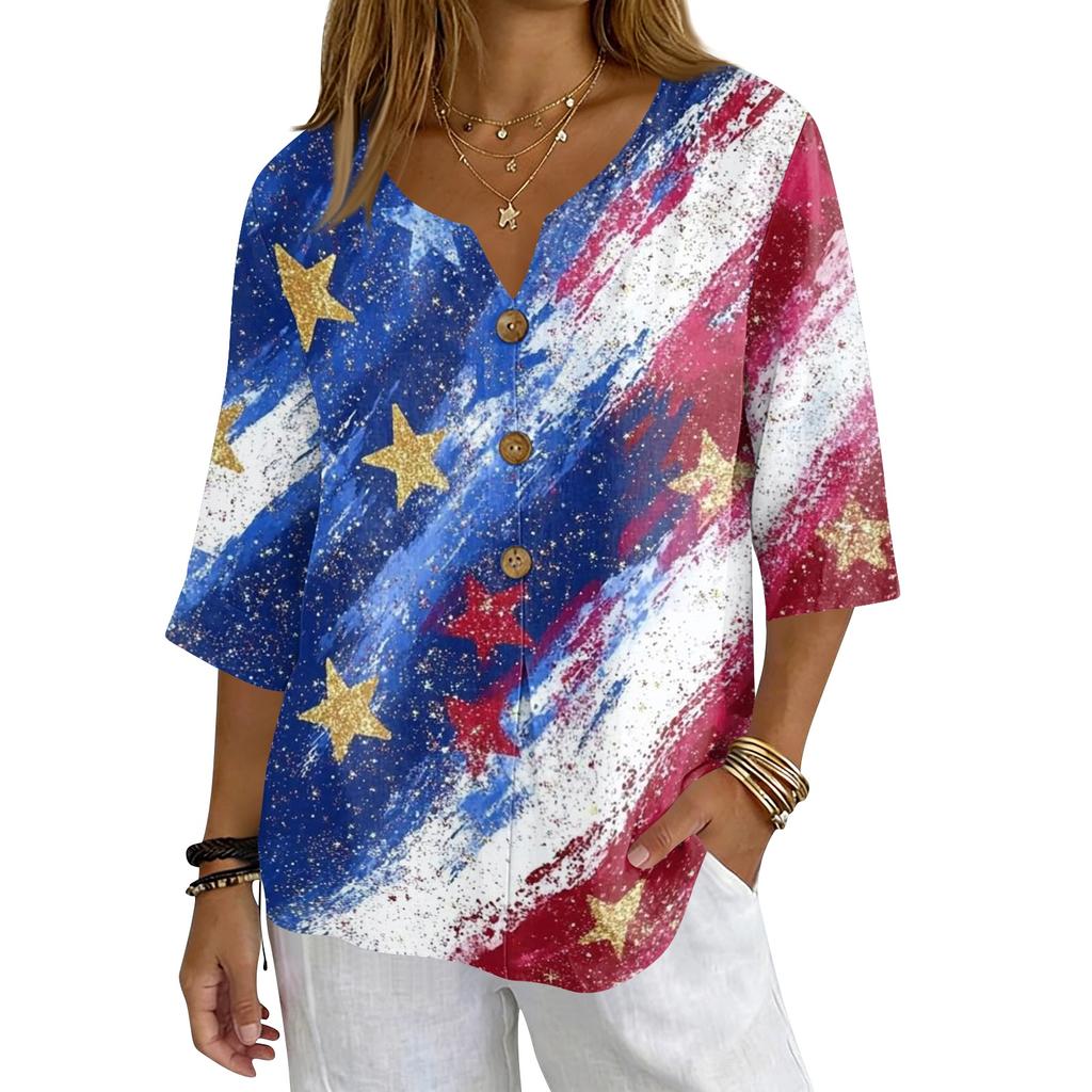Women's Casual V-Neck Button Three-Quarter Sleeve Fourth of Print Pullover T-Shirt