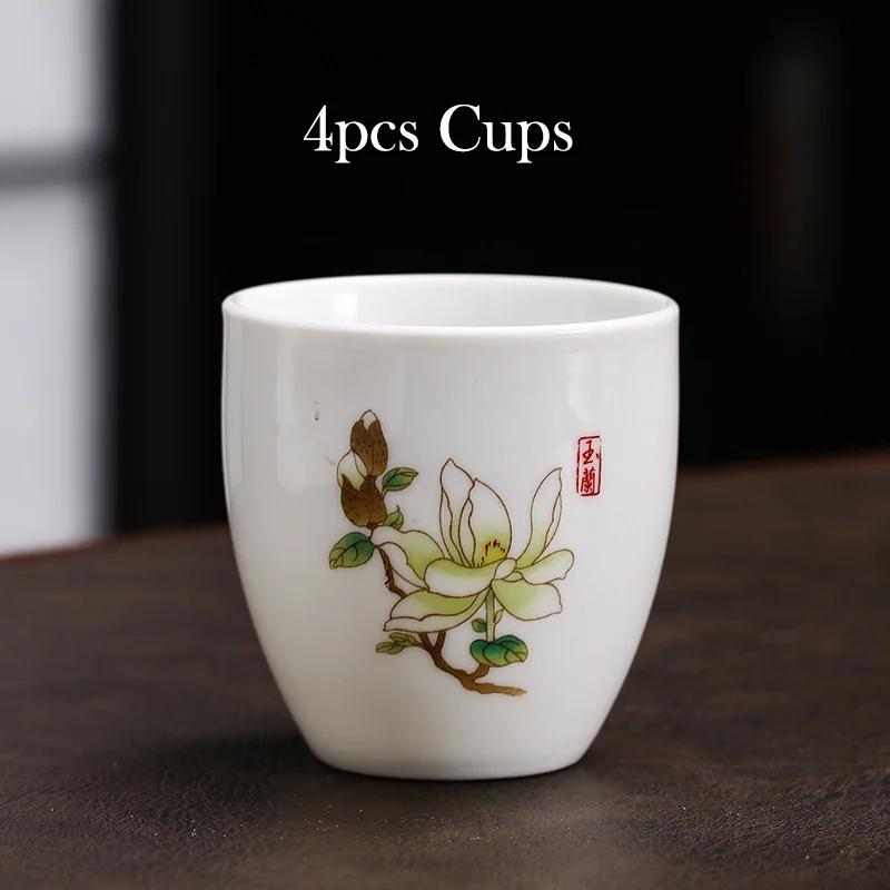4pcs White Porcelain Teacup 145ml High-capacity Hand-Painted Ceramic Tea Bowl Travel Meditation Cup Chinese Tea Set