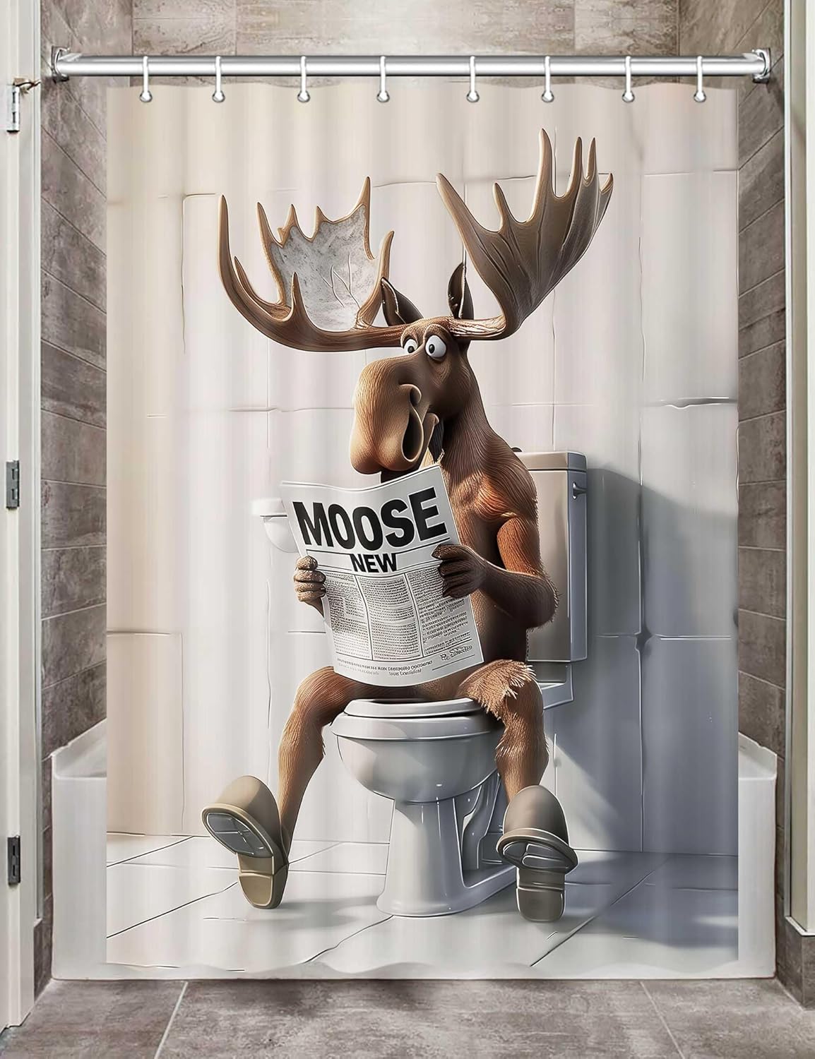 

Funny Moose Shower Curtain, Cool Moose Fabric Shower Curtains Set For Men Kids Boys Bathroom Decorative, Unique Cute Restroom W60H190(CM)-1 Pcs