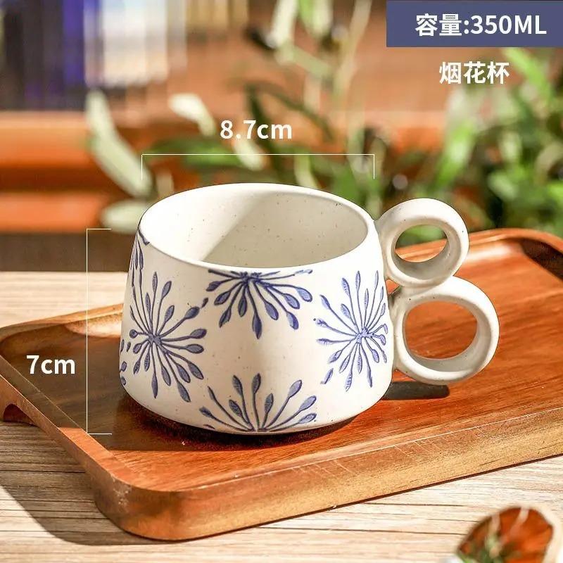 Retro Keramik Kaffeetasse Kreative Doppelhenkel Blaue Gemusterte Tasse Exquisite Nachmittagstee Blumentee Tasse Heim Frühstückstasse Neu