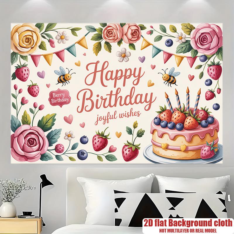 Floral Gifts Teacup Birthday Celebration Banner, Multicolor Polyester Backdrop for Party Decorations