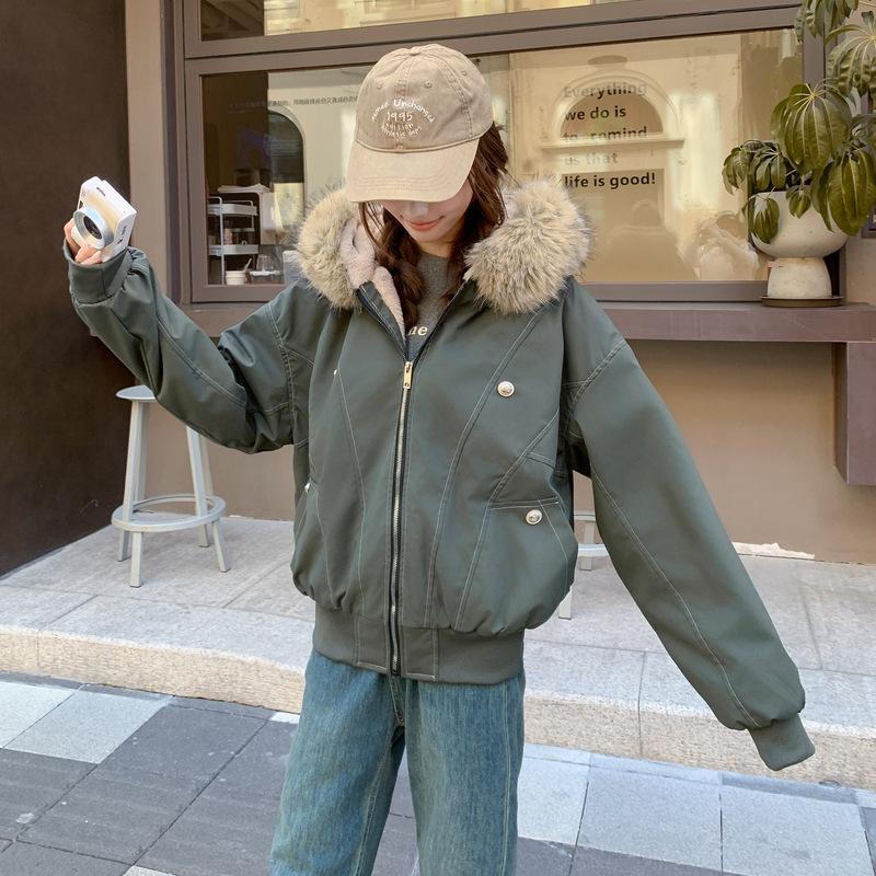 American retro black hooded long-sleeved cotton-padded jacket for women's winter loose fur collar piled thickened jacket green cotton-padded jacket
