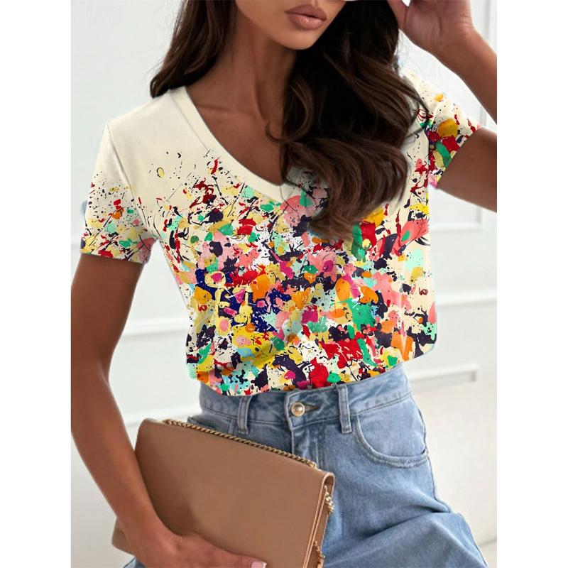Women's T-Shirt 3D Gradient Flowers Floral Print Fashion Short Sleeved V-Neck Regular Tops Summer Women's T-Shirt Tops Clothing