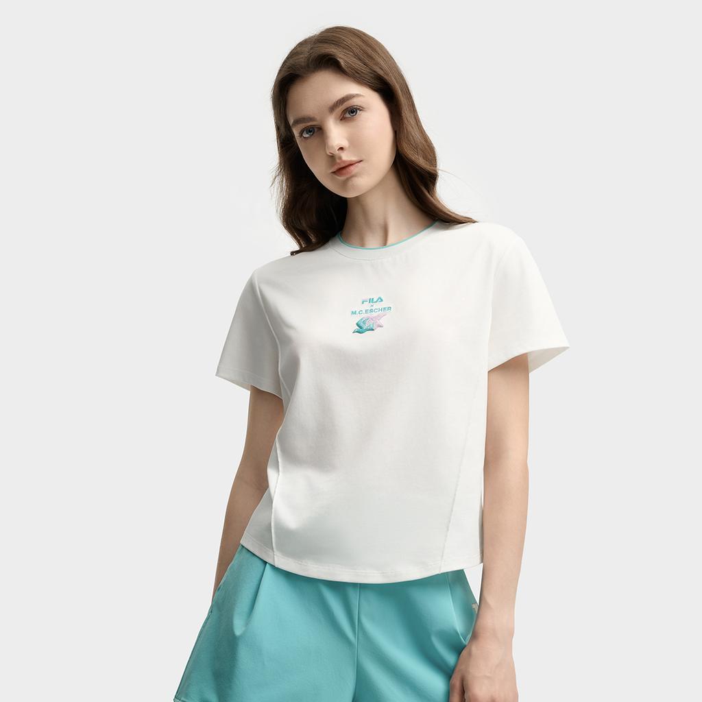 Fila X M.C. ESCHER Heritage Series Round Neck Comfortable Pullover Short Sleeve T-Shirt Women T-Shirt Cloud-White F11W538107F-WT