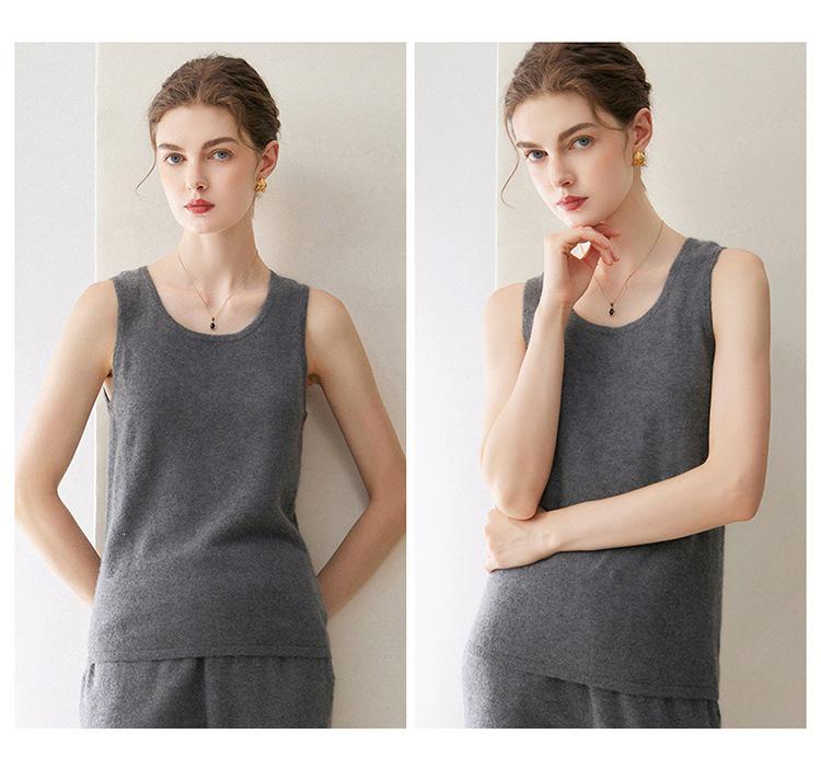 Women's Cashmere Sleeveless Camisole: Low-Neck Knit Top in Winter White, Blue, Green, Velvet, and Rice Colors.