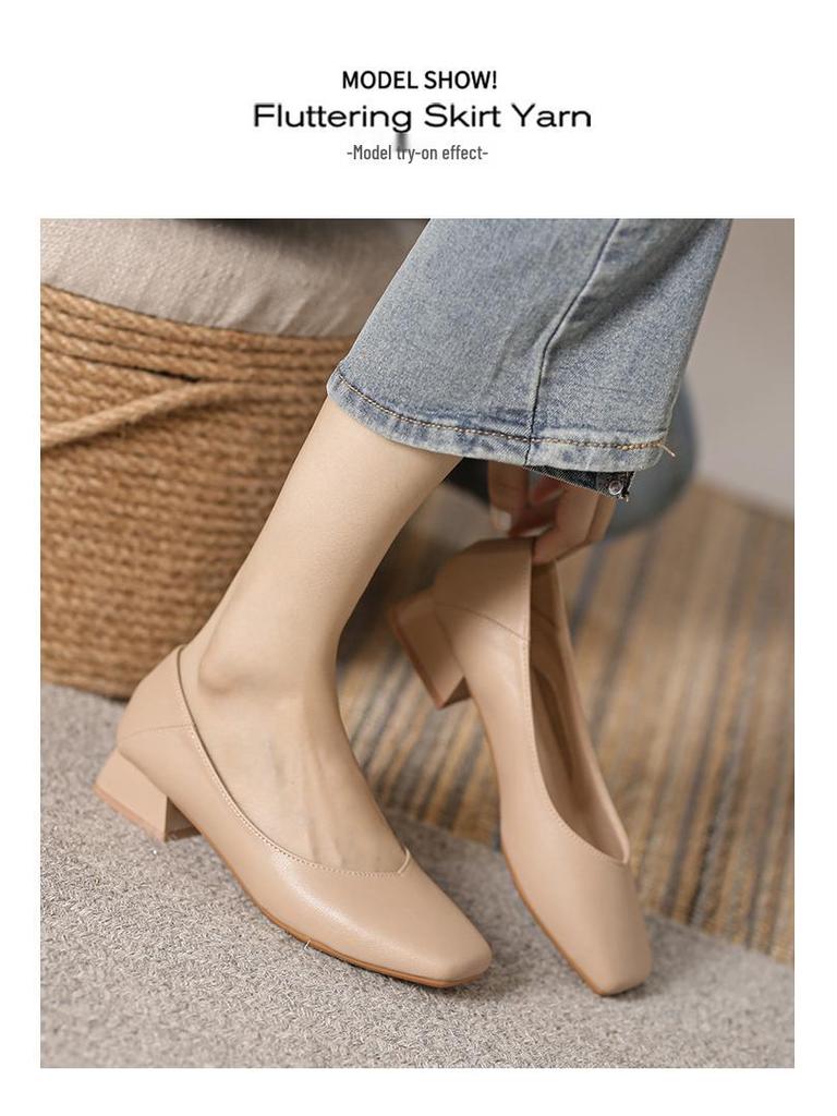 2023 Retro Soft Leather Square Toe Medium High Heel Women's Shoes