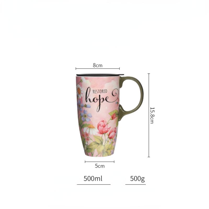 Vysoký keramický hrnek s víčkem Kreativní květinový potisk Krásné kávové hrnky na čaj Mléko, Velký objem Domácí kancelář, 500 ml, 1 ks