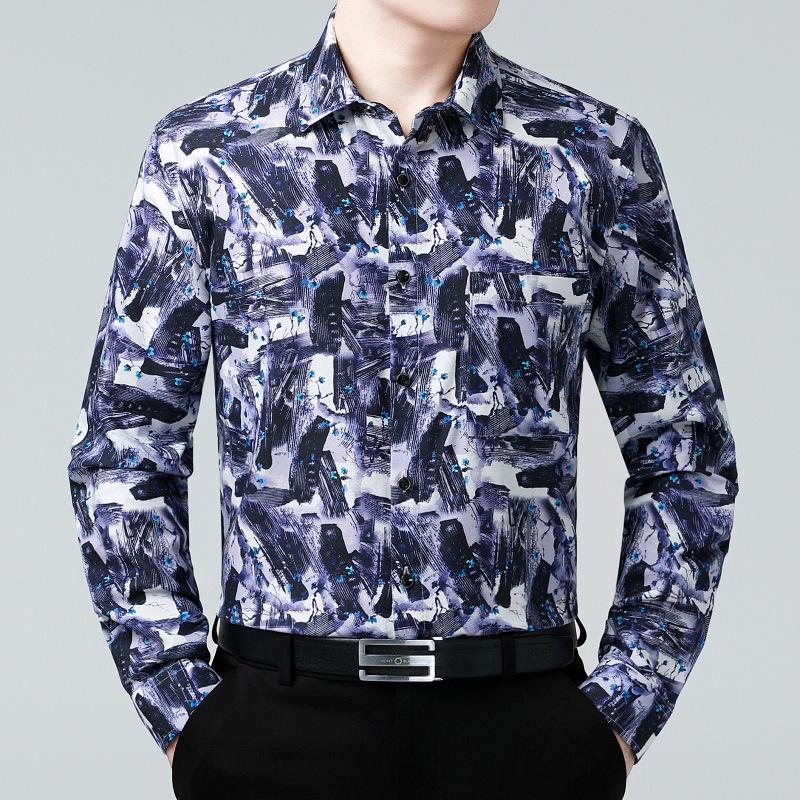 Spring & Autumn Men's Plus Size Printed Cotton Linen Shirt - Business Casual, Long Sleeve.