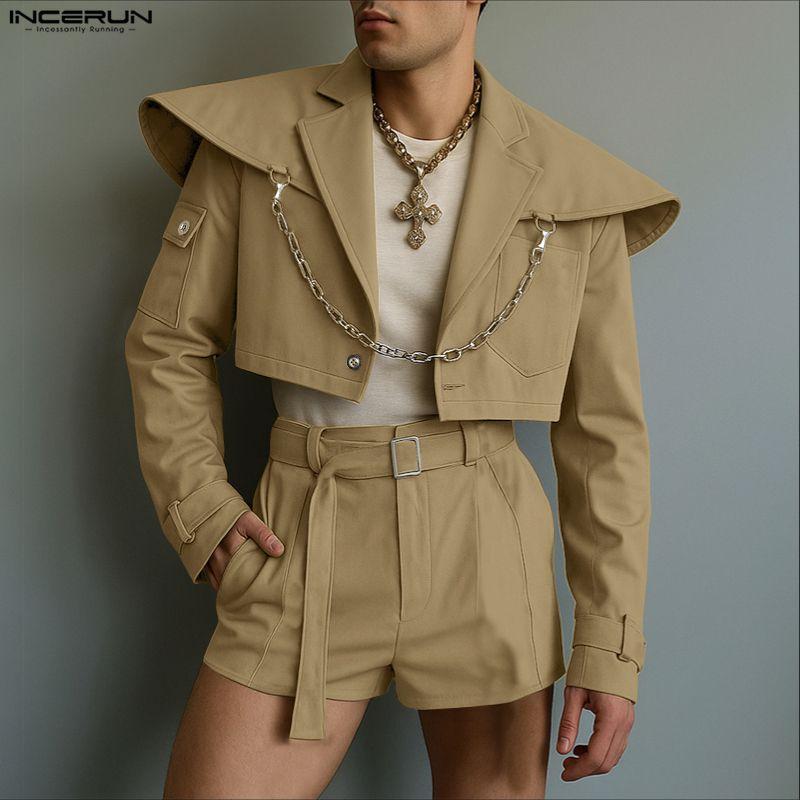 INCERUN 2PCS Men Lapel Neck Long Sleeve Cropped Tops Pants Two Piece Suit Casual Outfits Sets