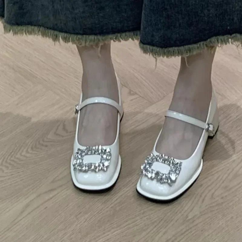 2024 Summer New Women's Mary Jane Shoes Fashion Square Head Luxury Rhinestone Square Buckle Design All-match Small Leather Shoes