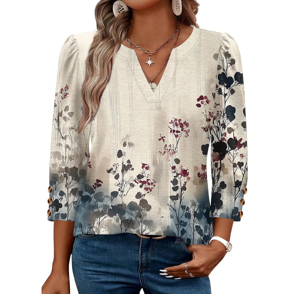 Womens Casual V Neck Loose Fit Three Quarter Sleeve Blouse Floral Print Lightweight Top for Everyday Wear