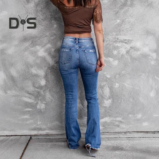 Hoch taillierte Schlaghosenjeans für Damen, zerrissene Bootcut-Schlagjeans, elastische Jeanshose für Frühling und Sommer