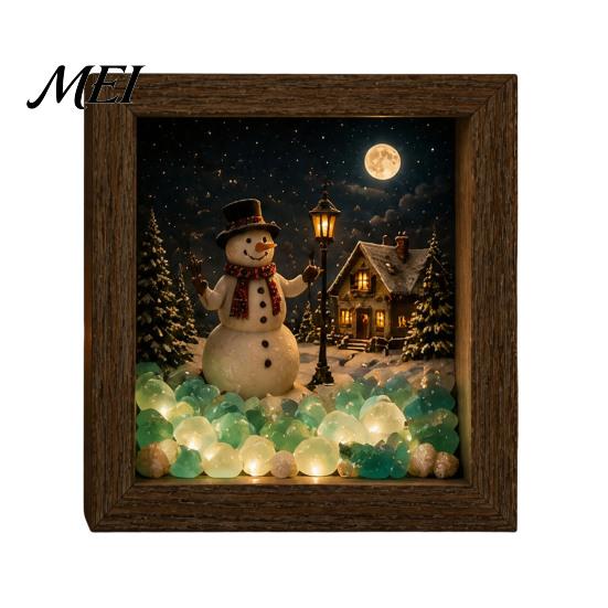 Wooden Landscape Ornament Christmas Snowy Night Light Picture Frame, Vintage Frame 3D Mini Lighted Shadow Box Lamp, Desktop Atmosphere Decor