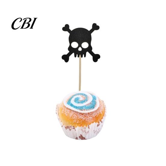 Glitter Black Cake Topper 8 Pcs Halloween Cupcake Picks, Spooky Skull Toppers, Gothic Birthday Party Decoration for Supplies Burr-free