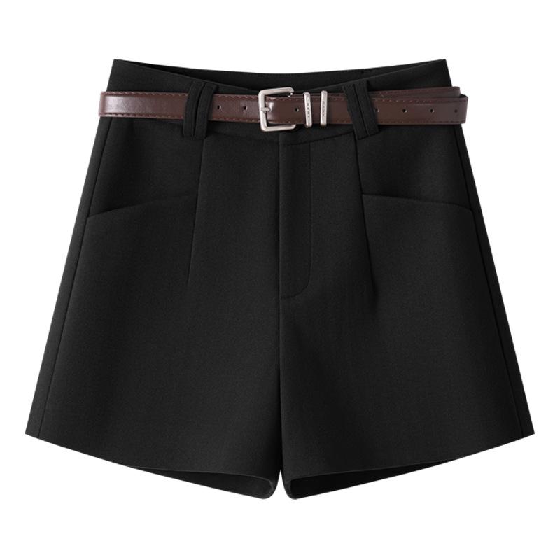 

Женские шерстяные шорты цвета хаки: Зимний стиль 2024 с высокой талией, приталенный А-силуэт M чёрный