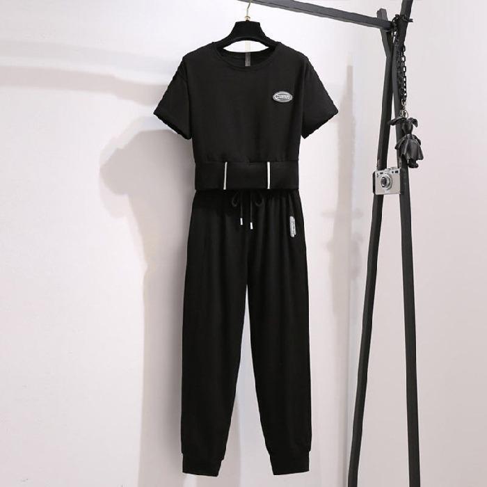 

Женский летний повседневный комплект из двух предметов 2025 года: Свободный топ с короткими рукавами и брюки Nine Point M чёрный