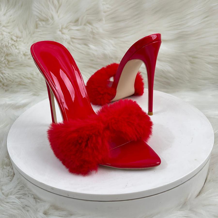 Super High Heels Summer Women Slippers Fur Pointed Toes Slip On Slides High Heels 12cm Sexy Women Sandals 33-45