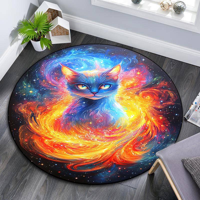 Cosmic Cat Round Area Rug,Carpet Rug for Living Room Bedroom Sofa Playroom Decor,Non-slip Floor Mat
