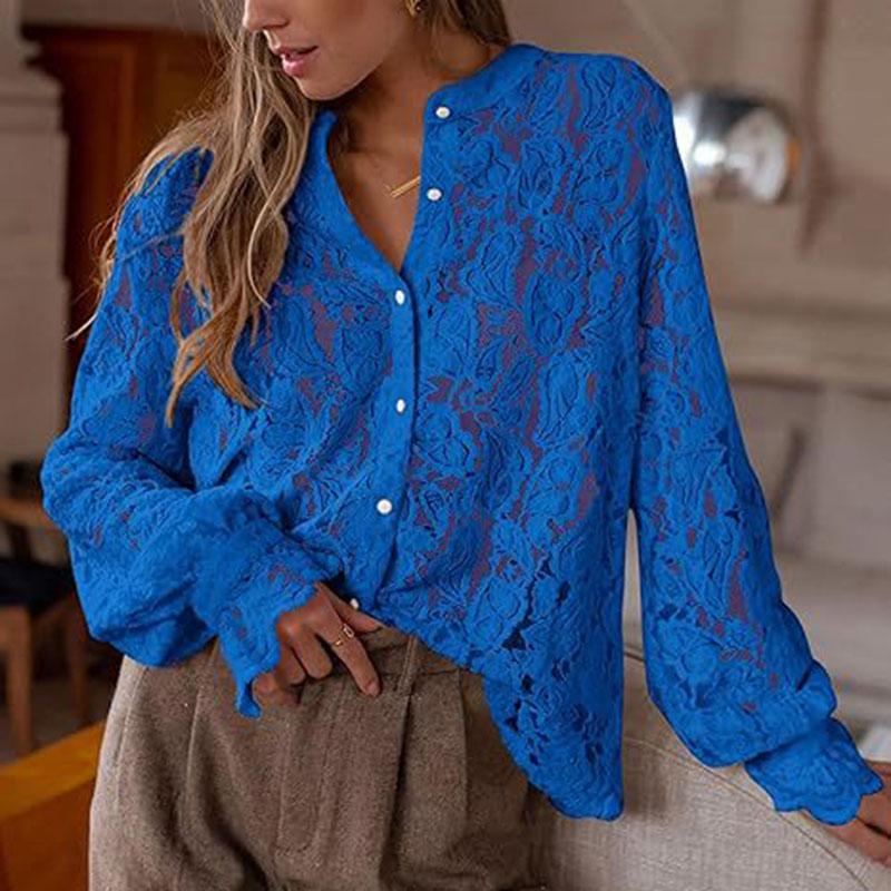 Ladies Spring Summer Hollow Lantern Sleeve All Match Blouse Lace Shirt Top