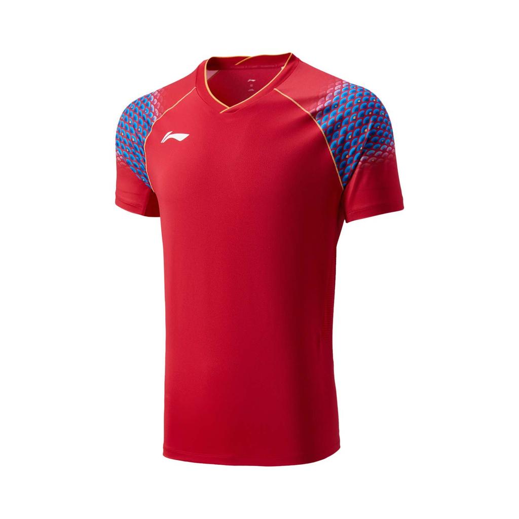 Li Ning Badminton Series Sports Casual Minimalist Color Block Letter Pullover Short Sleeve Badminton Shirt Unisex Tops Cinnabar-Red AAYV153-3