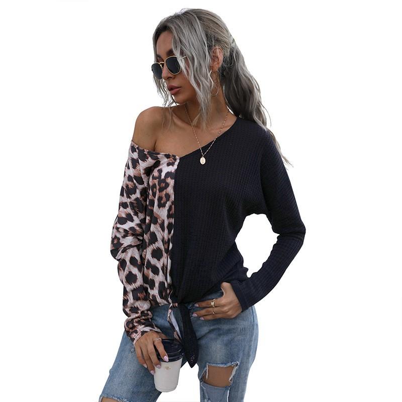 Womens Casual V-Neck Knit Sweater With Leopard Print Patchwork Long Sleeve Loose Fit Cotton Blend Fall Winter Top