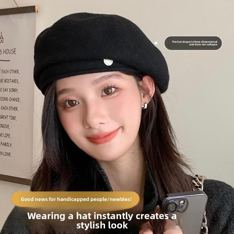 Australian wool beret, women's autumn and winter new high-end face-showing small Korean hat, temperament versatile painter hat