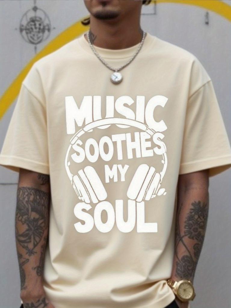 Unisex Summer Cotton Short Sleeve T Shirt Music Soothes My Soul Headphone Letter Print Crew Neck Hip Hop Music Casual Male Tee