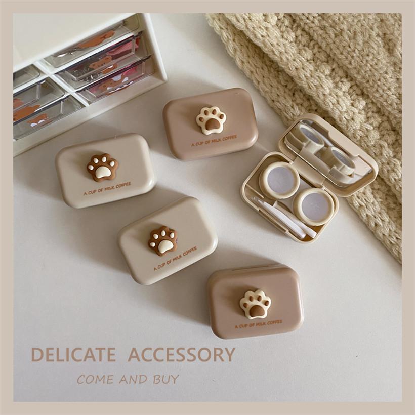 Women Portable Travel Set Color Contact Lenses Storage Box Milk Tea Frosted Lens Container Small Cat Paw Contact Lens Case