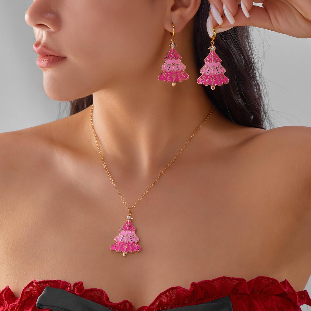 Sweet Enamel Pink Christmas Tree Drop Earrings for Women Fashion Simple Hollow Snowman Earrings Girls Xmas New Year Jewelry Gift