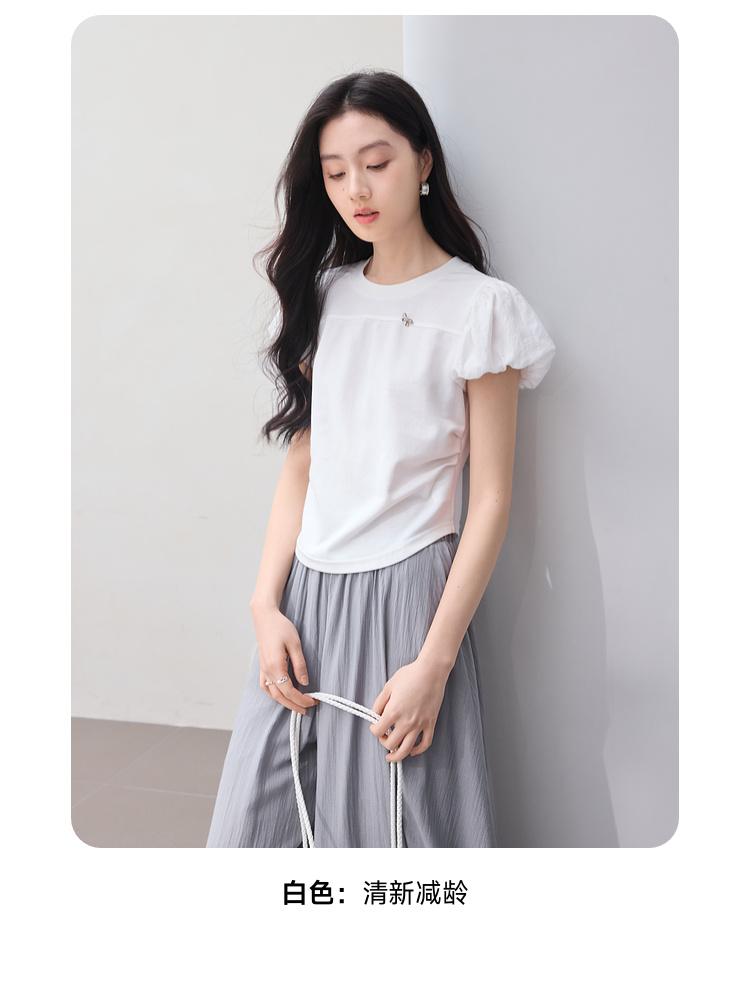 Age reducing pleated waist slimming bubble sleeve front shoulder t-shirt