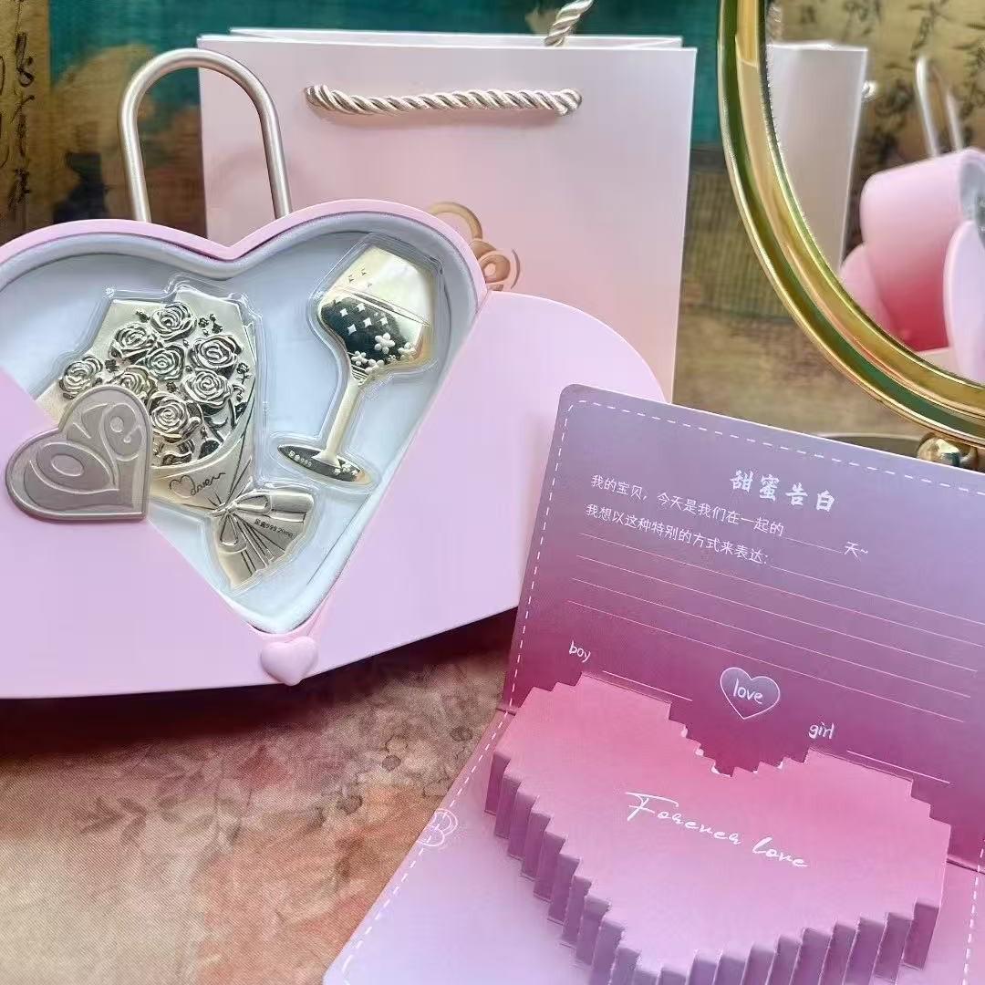 Heart-Shaped 999 Pure Gold Rose Ornament Gift Box for Valentine s & Qixi Festival