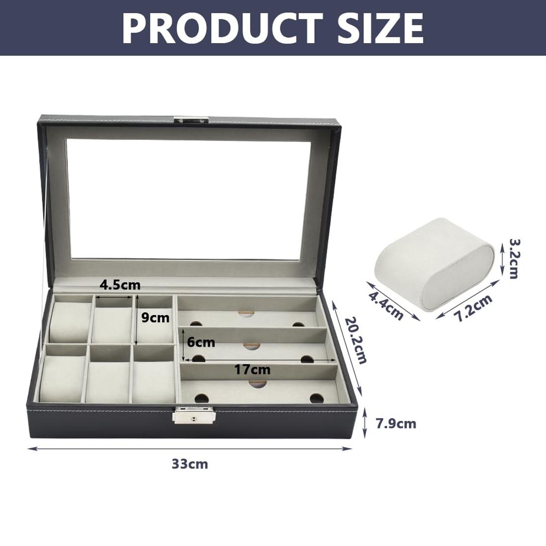 

Ящик для хранения очков Органайзер для часов со съемной бархатной подушкой для часов, коробка для хранения ювелирных изделий с прозрачной крышкой из искусственной кожи чёрный