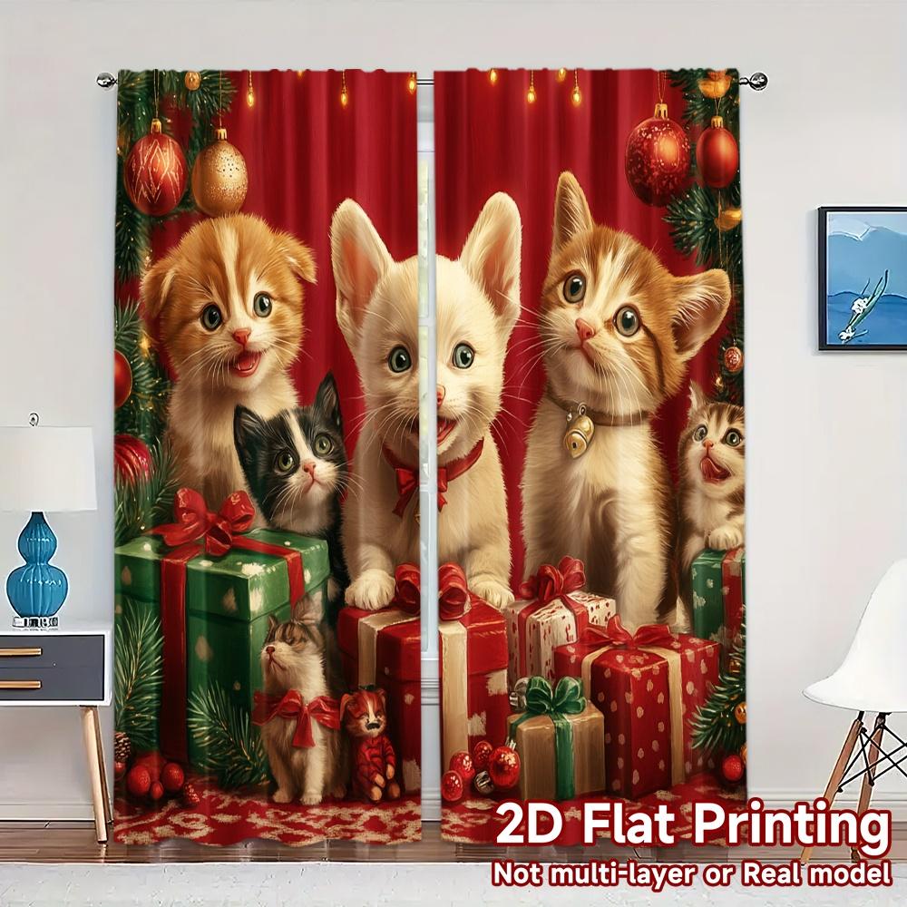

2pcs,Curtains Cute Puppies Kittens Christmas Holiday Popular Curtains Digital Printed Yarn Curtains Decorations For Home Ldeal 52.50×116.00 CM 2pcs