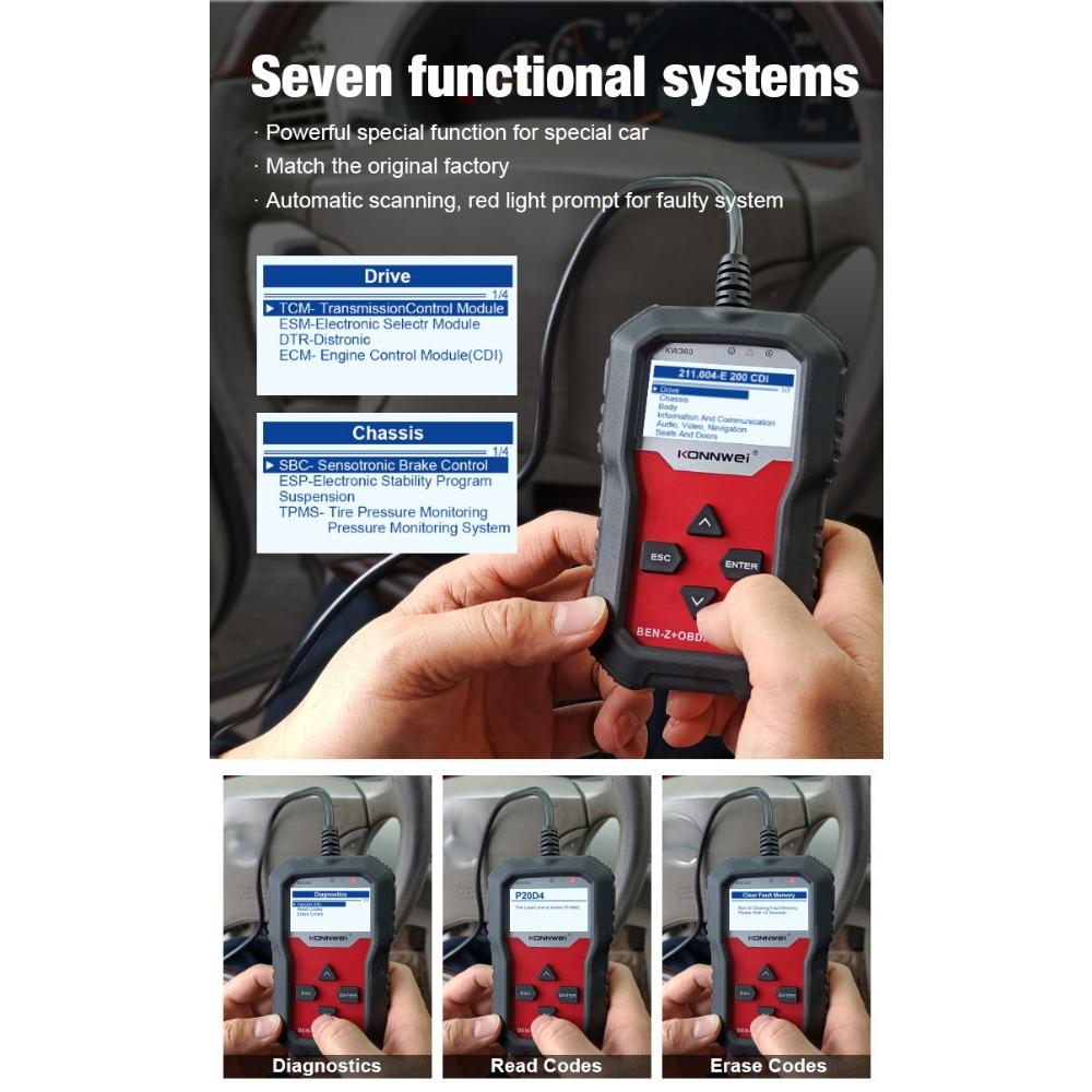 KONNWEI KW360 Full Systems OBD2 Scanner for Benz Professional Car Diagnostic Tool for C300 W204 W205 W211 ABS Airbag Oil Reset