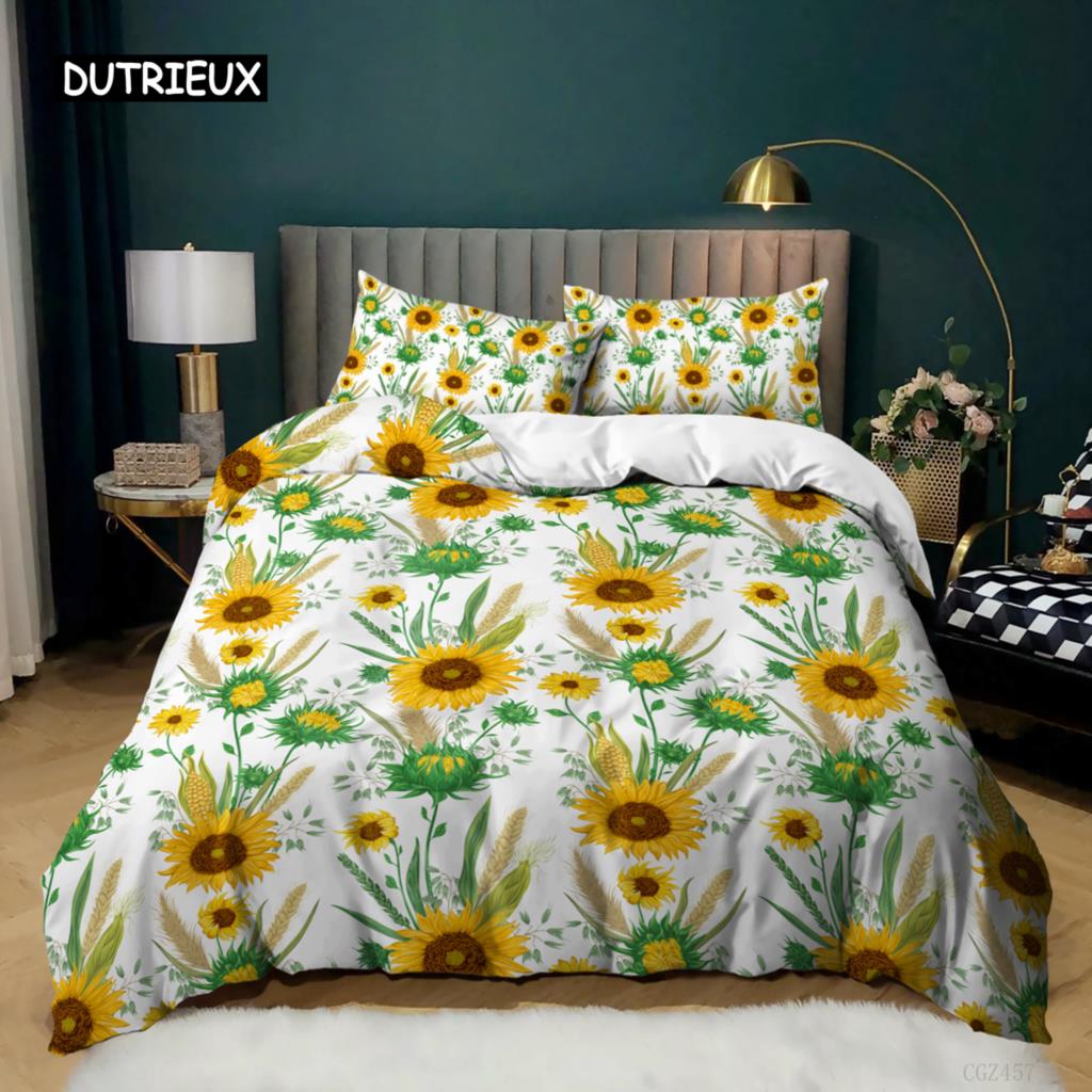 Sunflower Duvet Cover Set King Queen Size Girly Yellow Floral Print Comforter Cover Microfiber Flowers Pattern Twin Bedding Set