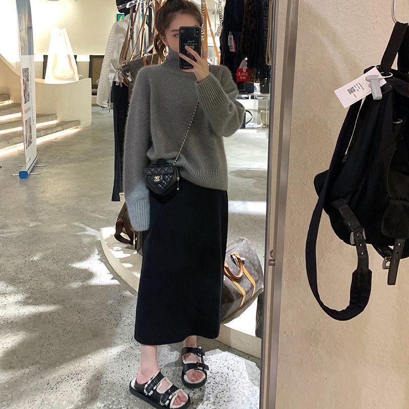 Slim-Fit Pencil Skirt Women's Autumn Winter Knitted Midi Half Skirt High Waist Loose Thickened Straight Bodycon Wool Skirt