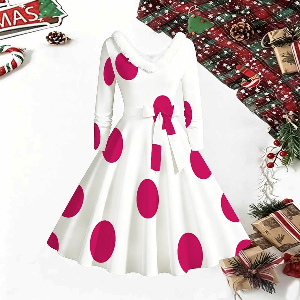 Women Polka Dot Print Midi Dress, Long Sleeve V‑Neck Furry Trim A‑Line Party Dress, Christmas Limited Edition