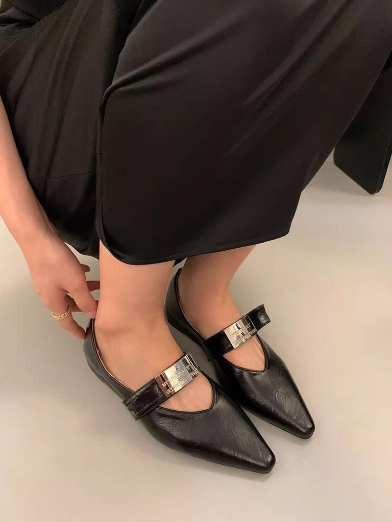 Single Shoes Women's Shoes New Autumn and Winter Word with Pointed Silver Mary Jane Shoes