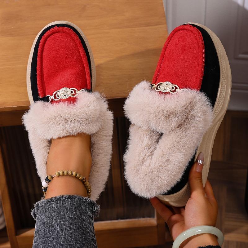 Warm Sneaker Women's Shoes 2025 Winter Plus Size Thick Sole Fleece Metal Chain Cotton Shoes